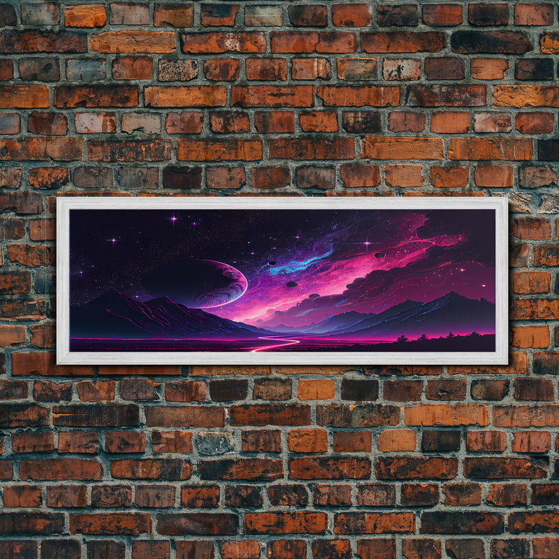 Beautiful Science Fiction Wall Art, Synthwave Style Scifi Art, Framed Canvas Print, Panoramic Alien Worlds and Star Filled Night Sky