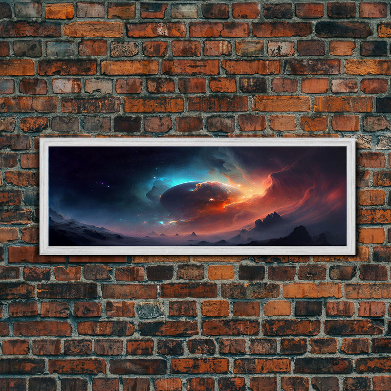 Beautiful Science Fiction Wall Art, Synthwave Style Scifi Art, Framed Canvas Print, Panoramic Alien Worlds and Star Filled Night Sky