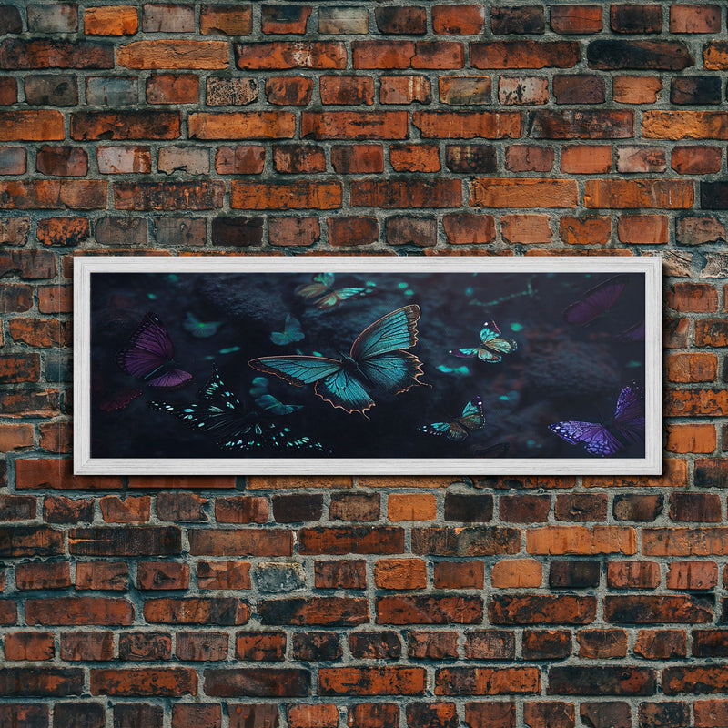 Blue Butterflies, Framed Canvas Print, Bioluminescent Glowing Butterfly Art, Framed Wall Art