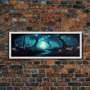 The mycelium Networrk, Fantasy Art, Framed Canvas Print, Bioluminescent Fantasy Forest At Night, Blue Glowing Ambience Art