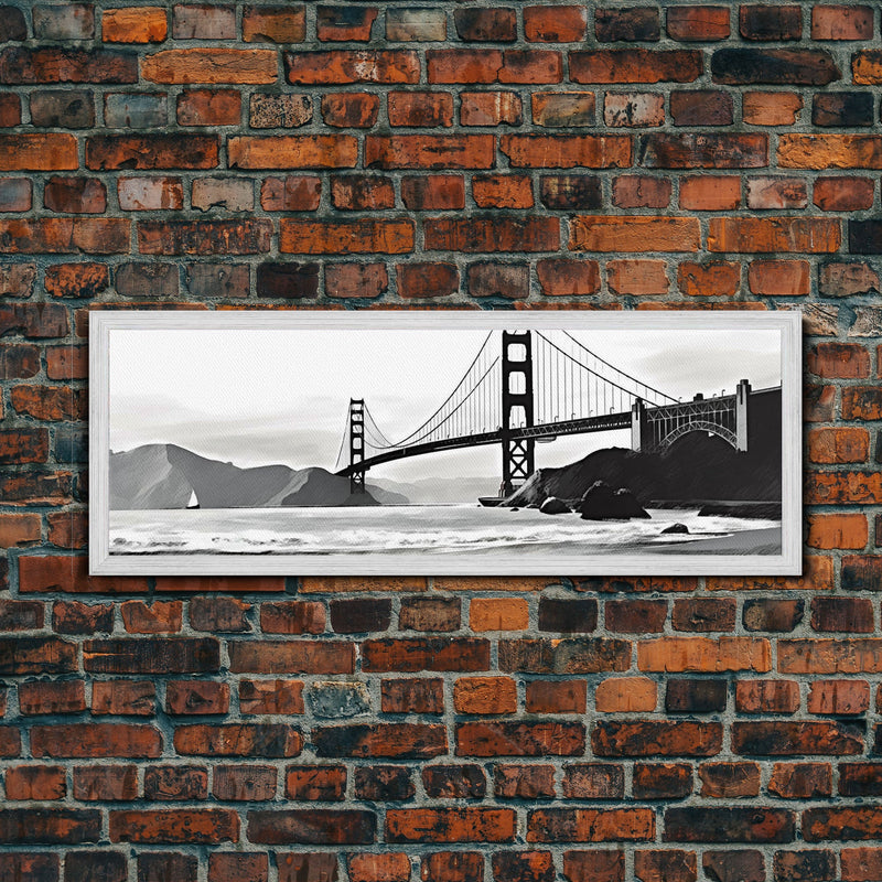 Black And White Suspension Bridge Canvas Print, Large Urban Art Print, Sailboat, River, Landscape, Panoramic, Wall Art, Canvas Print