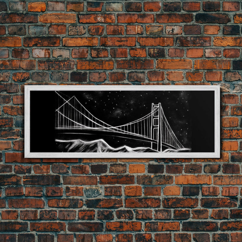 Black And White Suspension Bridge Canvas Print, Large Urban Art Print, Line Art, Chalk Wall Decor, Panoramic, Wall Art, Canvas Print