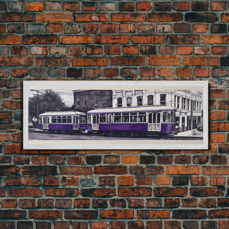 Purple Streetcar Art Print, Urban Art, Wall Decor, Color Pop, Wall Decor, Urban Framed Canvas Print, Panoramic, Wall Art, Canvas Print