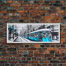 Teal Train, Tram In The City, Urban Art Painting, Large Mixed Media Art, Streetcar Print, City Art, Panoramic, Wall Art, Canvas Print