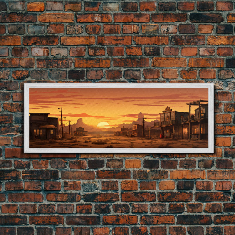 Abandoned Wildwest Ghost Town Framed Canvas Print, Panoramic Wall Art, Wild West Decor, Southwestern Farmhouse Decor, Boom Town Art