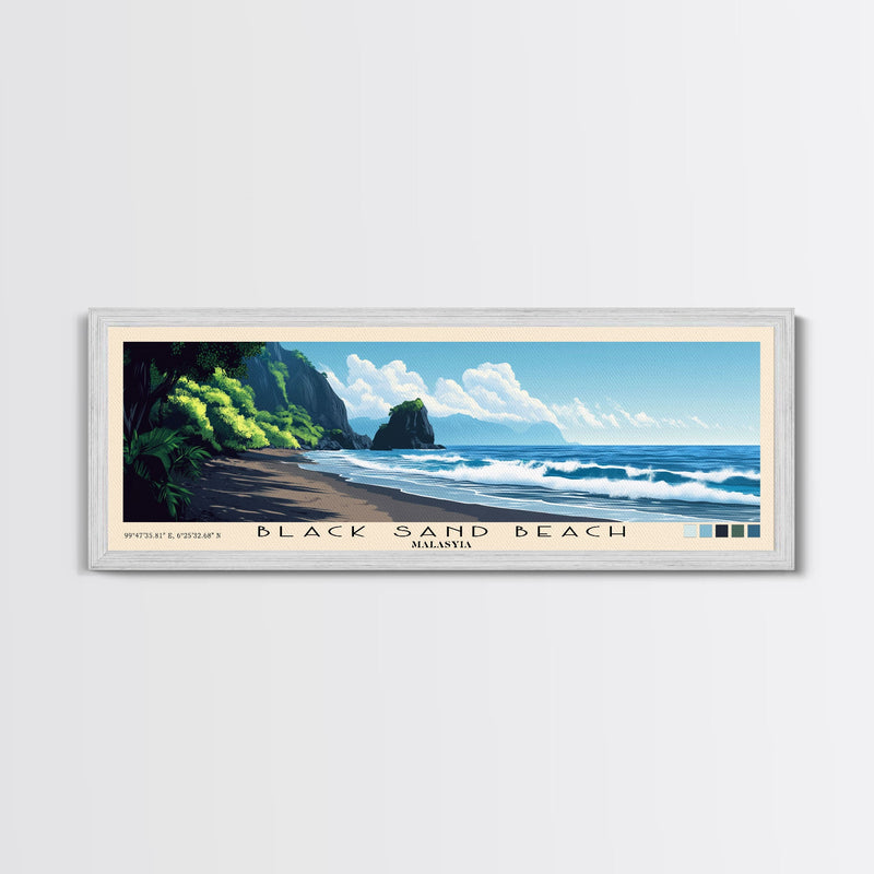 Black Sand Beach, Malasyia Panoramic Beach Print, Vacation Gift, Malasyia Wall Art, Framed Canvas Print, Framed Beach Painting