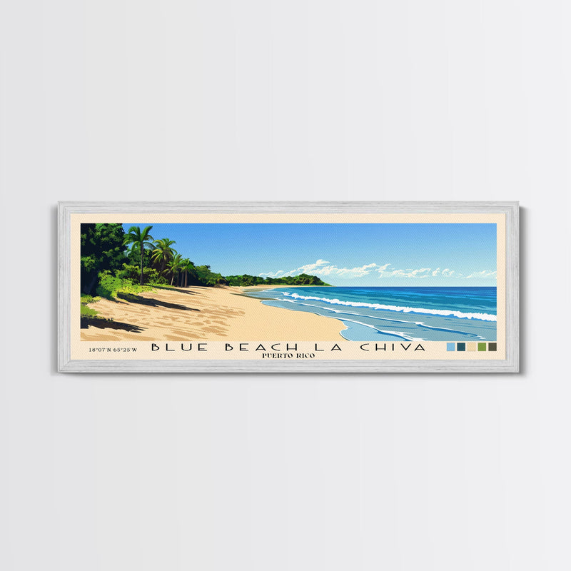 Blue Beach La Chiva, Puerto Rico Panoramic Beach Print, Vacation Gift, Puerto Rico Wall Art, Framed Canvas Print, Framed Beach Painting