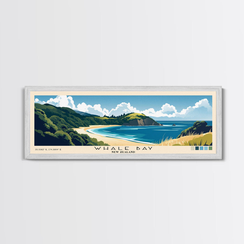 Whale Bay, New Zealand Panoramic Beach Print, Vacation Gift, New Zealand Wall Art, Framed Canvas Print, Framed Beach Painting