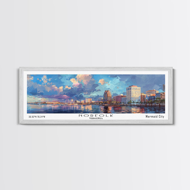 Norfolk Virginia Panoramic Framed Canvas Print, Cityscape Watercolor Painting, Modern Wall Art for Home Decor, Travel Poster, Urban Gift Idea