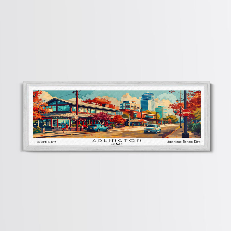 Arlington Texas Panoramic Painting Framed Canvas Print, Mid Century Modern Art, Pop Art Style, Travel Poster, Living Room Decor