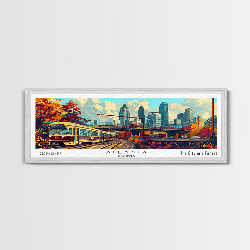 Atlanta Georgia Panoramic Wall Art Framed Canvas Print, Mid Century Modern Art, Pop Art Style, Travel Poster, Home Decor, Wall Hanging