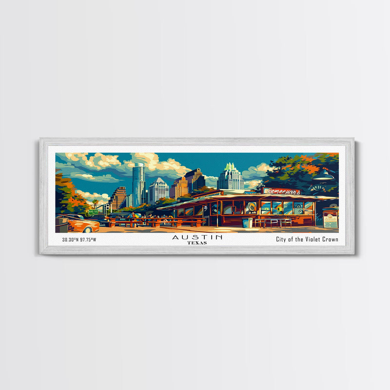 Austin Texas Panoramic Travel Poster Framed Canvas Print, Mid Century Modern Art, Pop Art Style, Wall Art Decor, Home Decoration