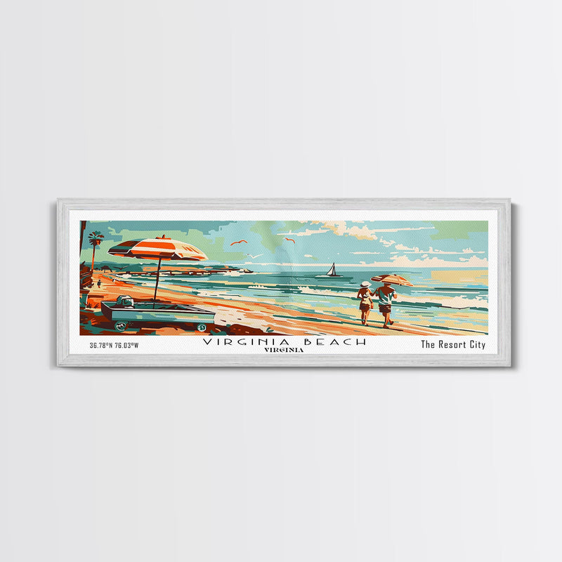 Virginia Beach Virginia Panoramic Wall Art, Mid Century Modern Framed Canvas Print, Retro Pop Art Travel Poster, Living Room and Office Decor