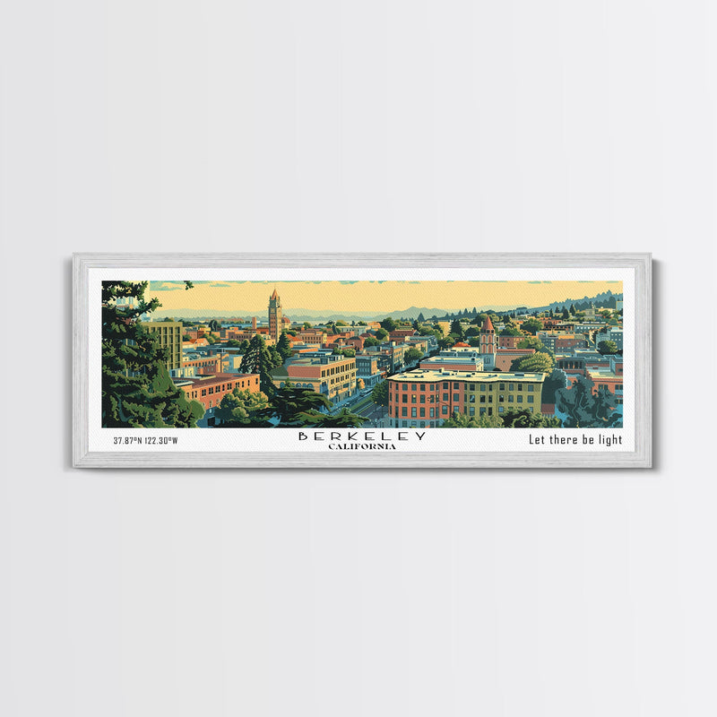 Berkeley California Panoramic Painting, Mid Century Modern Framed Canvas Print, Retro Pop Art Travel Poster, Home Decor, City Print