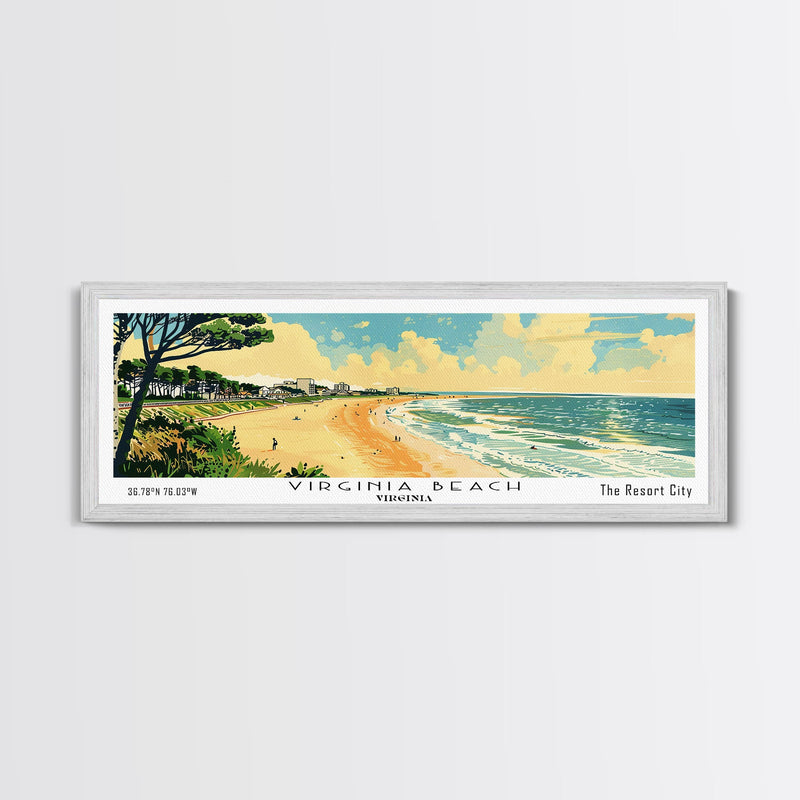 Virginia Beach Virginia Panoramic Painting, Mid Century Modern Framed Canvas Print, Retro Pop Art Travel Poster, Office Wall Art, Home Decoration