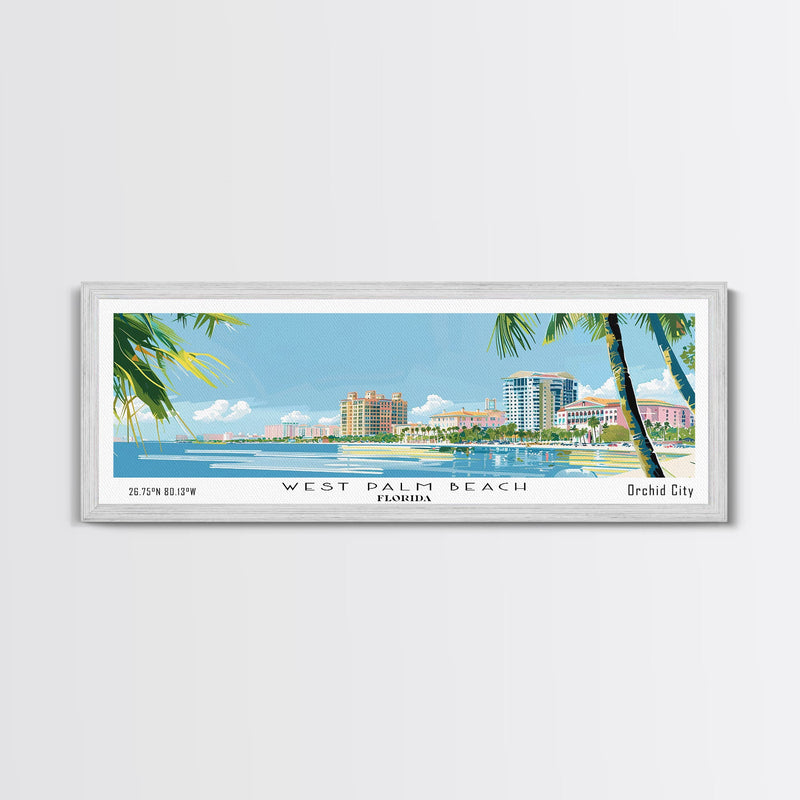 West Palm Beach Florida Panoramic Art, Mid Century Modern Framed Canvas Print, Retro Pop Art Travel Poster, City Print, Living Room Wall Decor