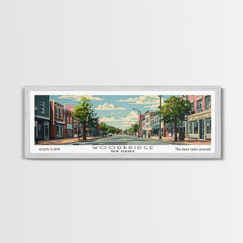 Woodbridge New Jersey Panoramic Painting, Mid Century Modern Framed Canvas Print, Retro Pop Art Travel Poster, Office Wall Art, Home Decoration