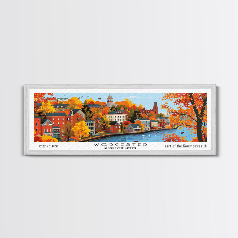 Worcester Massachusetts Panoramic Art, Mid Century Modern Framed Canvas Print, Retro Pop Art Travel Poster, City Print, Living Room Wall Decor