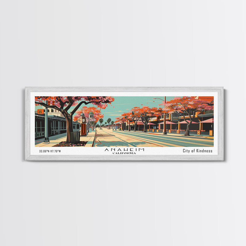 Anaheim California Panoramic Painting, Framed Canvas Print, Mid Century Modern Wall Art, Retro Pop Art Travel Poster, Office Decor, City Art