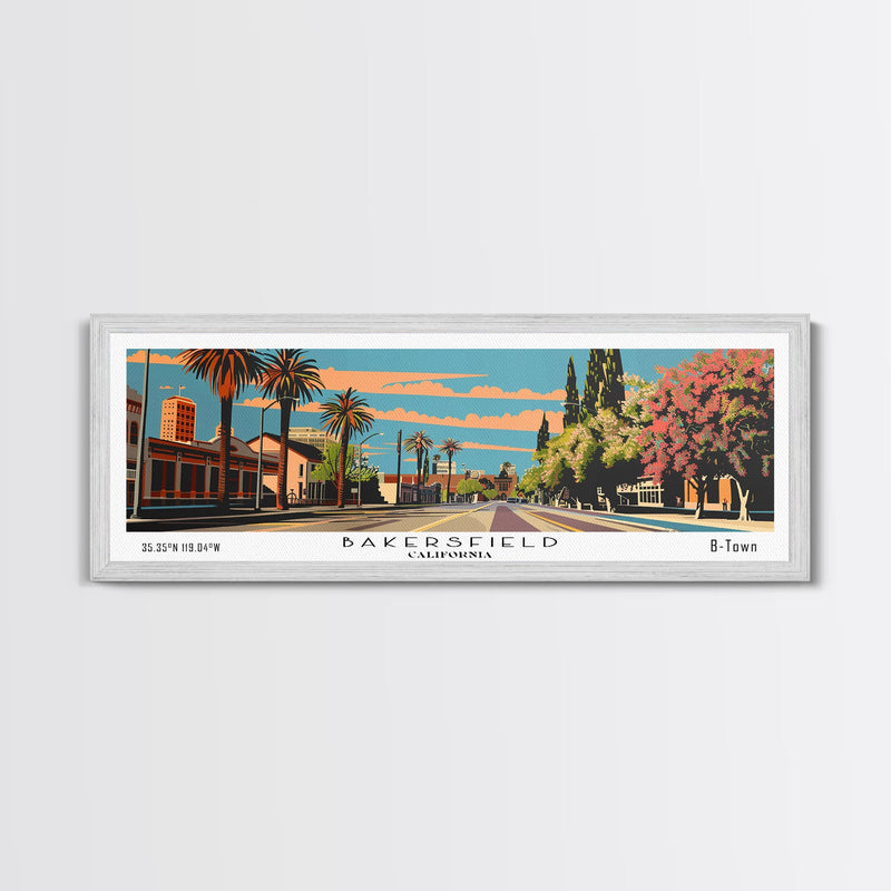 Bakersfield California Panoramic Painting, Framed Canvas Print, Mid Century Modern Wall Art, Retro Pop Art Travel Poster, Living Room Decor, City Art