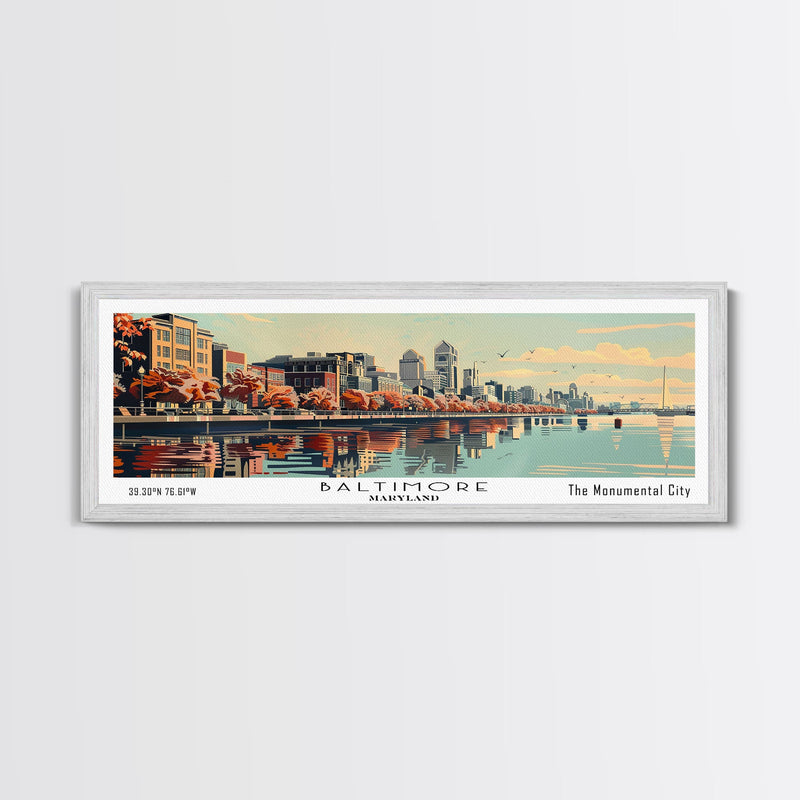 Baltimore Maryland Panoramic Painting, Framed Canvas Print, Mid Century Modern Wall Art, Retro Pop Art Travel Poster, Office Decor, City Art