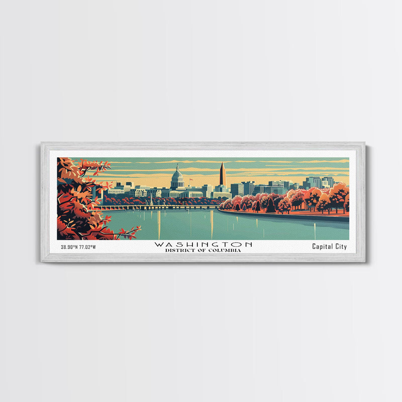 Washington DC Panoramic Wall Art, Mid Century Modern Framed Canvas Print, Retro Pop Art Travel Poster, Cityscape Decor, Office Wall Art