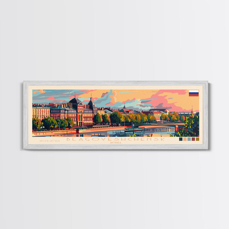 Blagoveshchensk Russia Travel Art, City Art, Framed Canvas Print or Metal Wall Art, Europe Travel Poster, Panoramic Wall Art, Extra Wide Wall Art