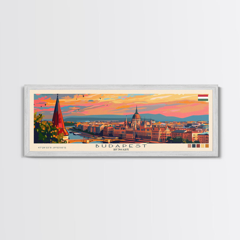 Budapest Hungary Travel Art, City Art, Framed Canvas Print or Metal Wall Art, Europe Travel Poster, Panoramic Wall Art, Extra Wide Wall Art