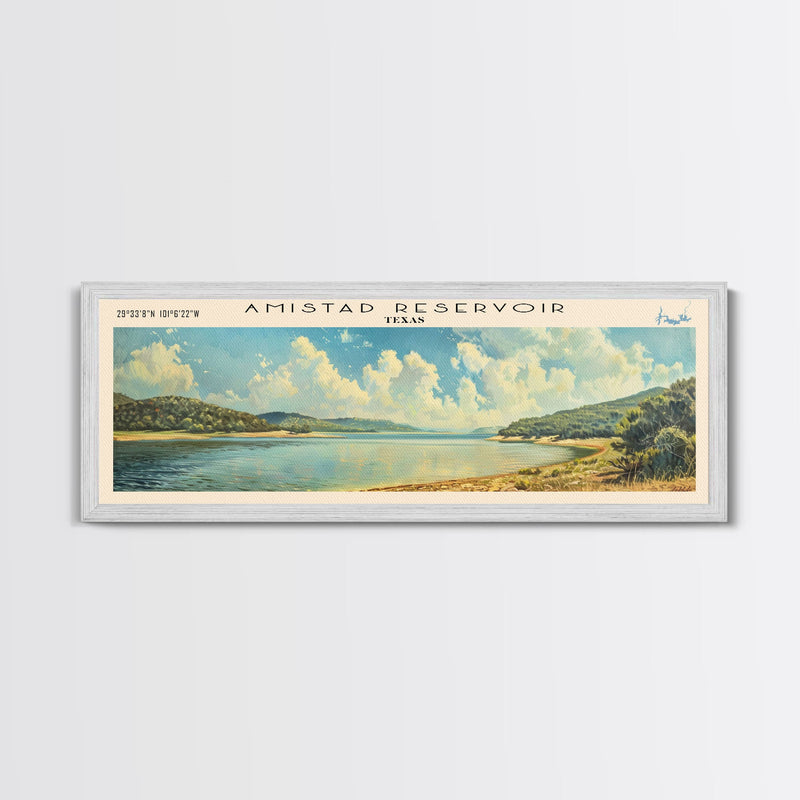 Amistad Reservoir Texas Panoramic Framed Canvas Print, Lake House Decor, Modern Art, Travel Poster, Scenic View, Water Reflection