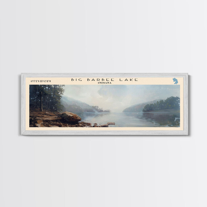 Big Barbee Lake Indiana Framed Canvas Print, Panoramic Lake House Art, Scenic Painting, Travel Poster, Rustic Decor, Nature Scene