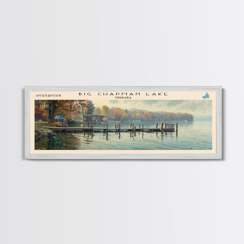 Big Chapman Lake Indiana Framed Canvas Print, Panoramic Lake House Art, Scenic Painting, Travel Poster, Rustic Art, Water Reflection