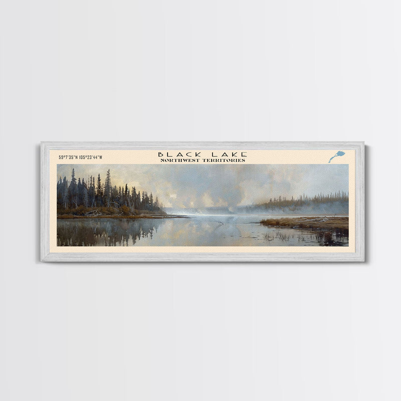 Black Lake Canada Northwest Territories Framed Canvas Print, Panoramic Lake House Art, Scenic View, Travel Poster, Lake Painting