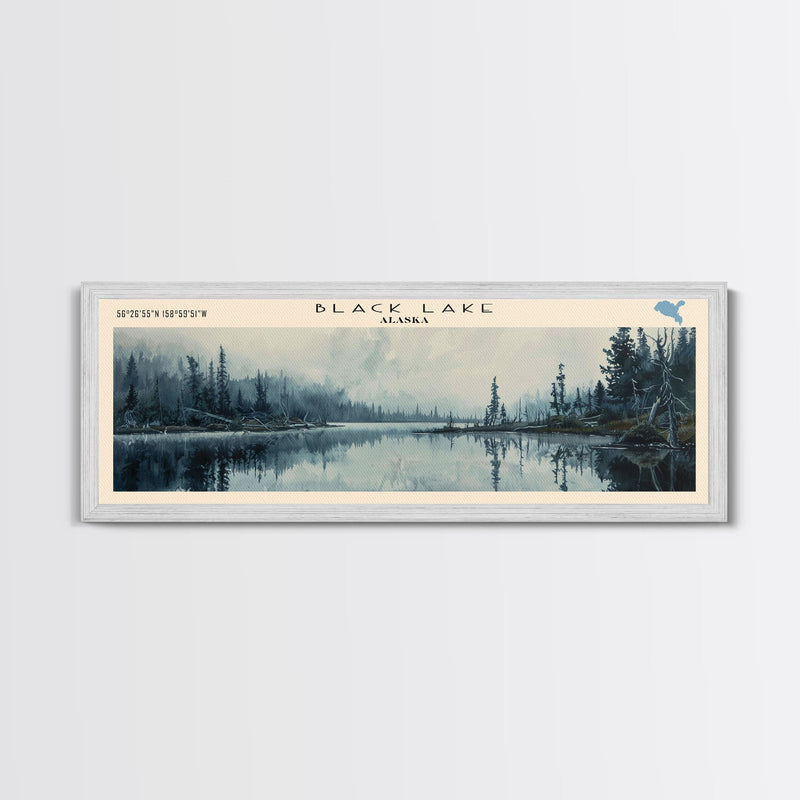 Black Lake USA SW Alaska Framed Canvas Print, Lake House Art, Panoramic Scenic View, Travel Poster, Rustic Art, Lake Painting