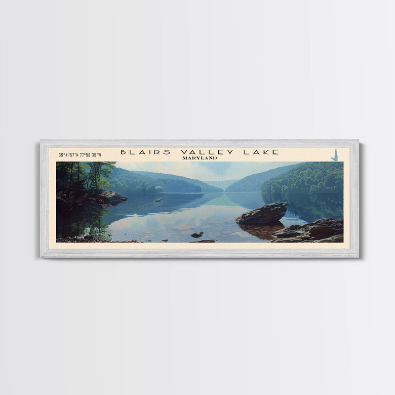 Blairs Valley Lake Maryland Framed Canvas Print, Panoramic Lake House Decor, Scenic View, Travel Poster, Rustic Art, Lake Painting