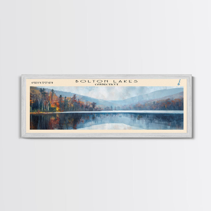 Bolton Lakes Connecticut Framed Canvas Print, Panoramic Lake House Art, Scenic View, Travel Poster, Modern Art, Lake Painting