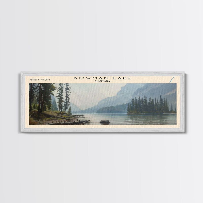 Bowman Lake Montana Framed Canvas Print, Panoramic Lake House Decor, Wall Art, Travel Poster, Rustic Lake Painting, Nature Art