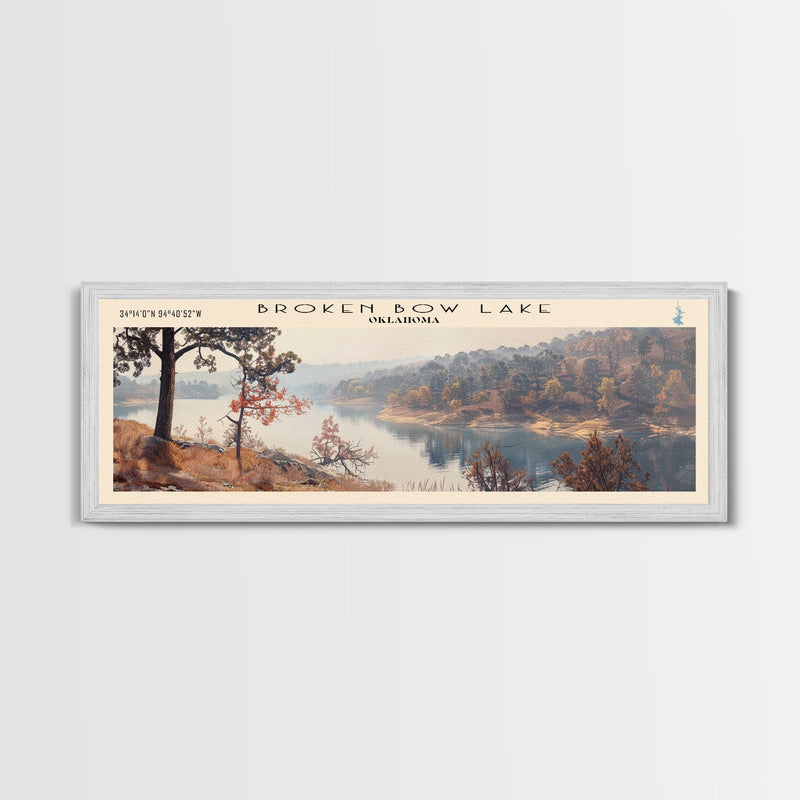 Broken Bow Lake Oklahoma Framed Canvas Print, Panoramic Lake House Art, Wall Art, Travel Poster, Modern Lake Painting, Nature Art