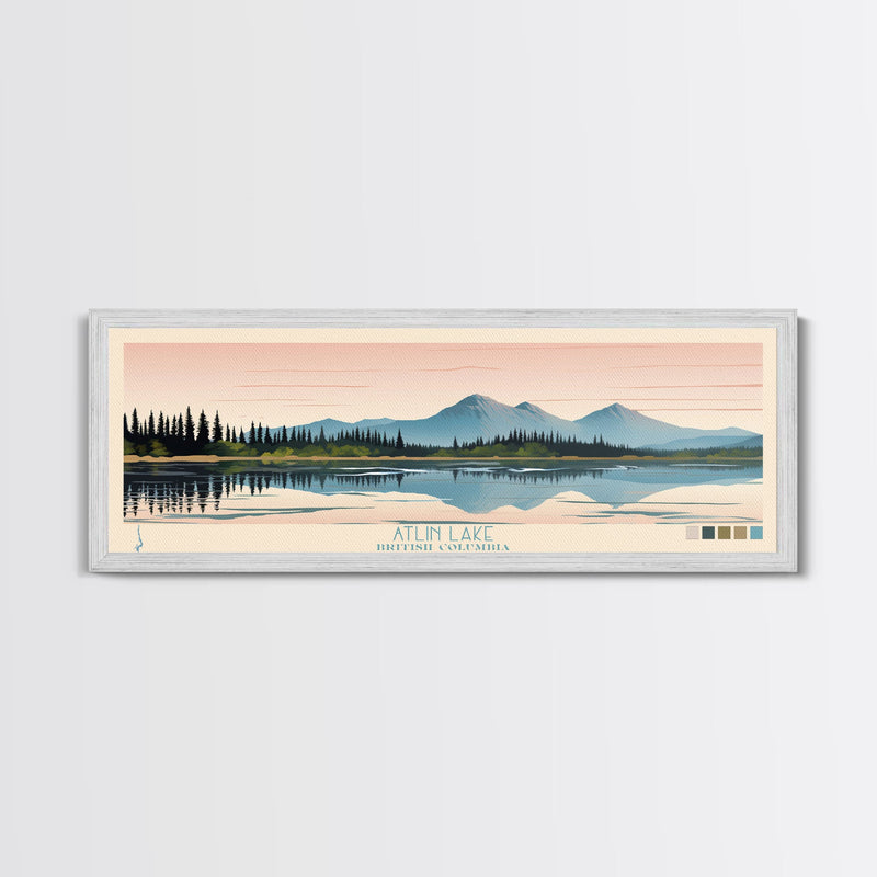 Atlin Lake British Columbia Framed Canvas Print, Panoramic Travel Poster, Midcentury Modern Wall Art, Pop Art, Bedroom Decor