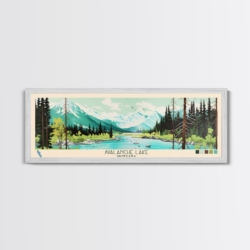 Avalanche Lake Montana Framed Canvas Print, Panoramic Wall Art, Midcentury Modern, Pop Art, Travel Poster, Scenic Living Room Art