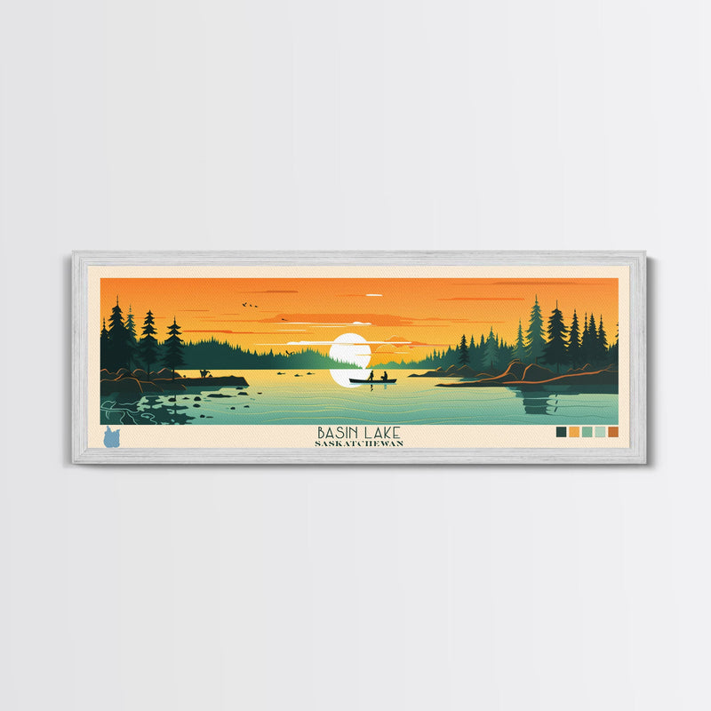 Basin Lake Saskatchewan Framed Canvas Print, Panoramic Wall Art, Midcentury Modern Lake House Decor, Pop Art, Travel Poster, Scenic Living Room Art