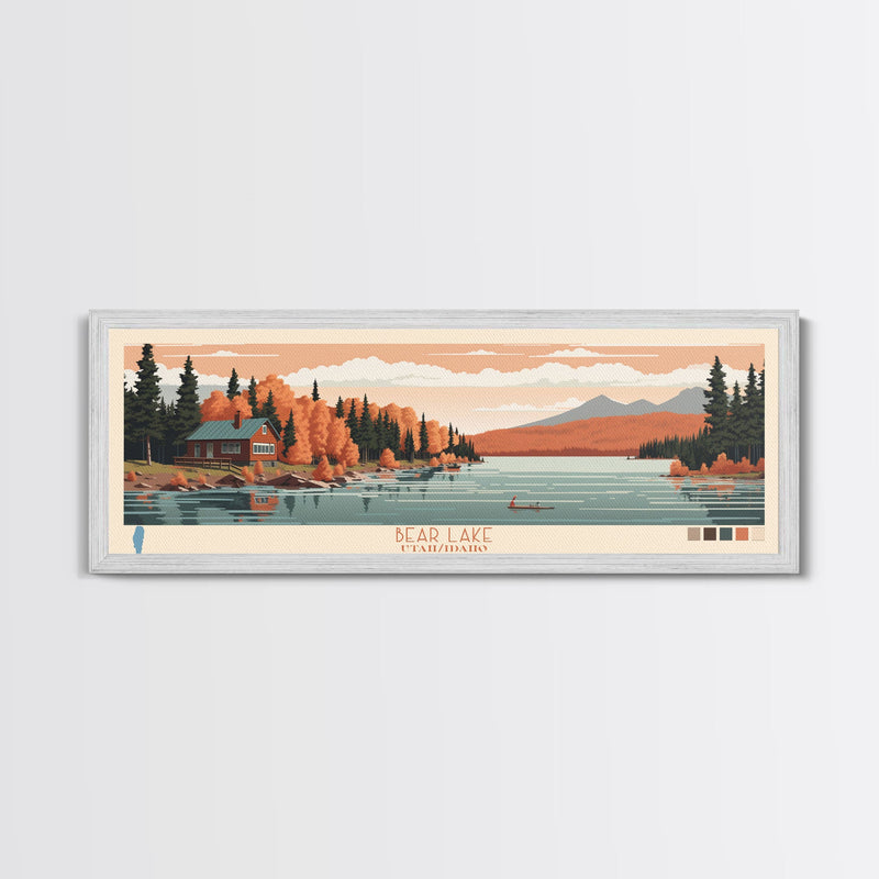 Bear Lake Utah Idaho Framed Canvas Print, Panoramic Travel Poster, Midcentury Modern Wall Art, Pop Art, Nature Living Room Art, Lake House Decor