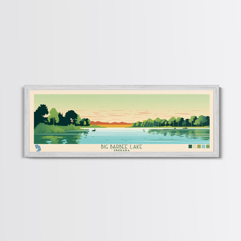 Big Barbee Lake Indiana Framed Canvas Print, Panoramic Travel Poster, Midcentury Modern Wall Art, Pop Art, Nature Living Room Art, Lake House Decor