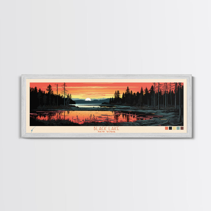 Black Lake New York Framed Canvas Print, Panoramic Wall Art, Midcentury Modern, Pop Art, Travel Poster, Scenic Living Room Art, Lake House Decor