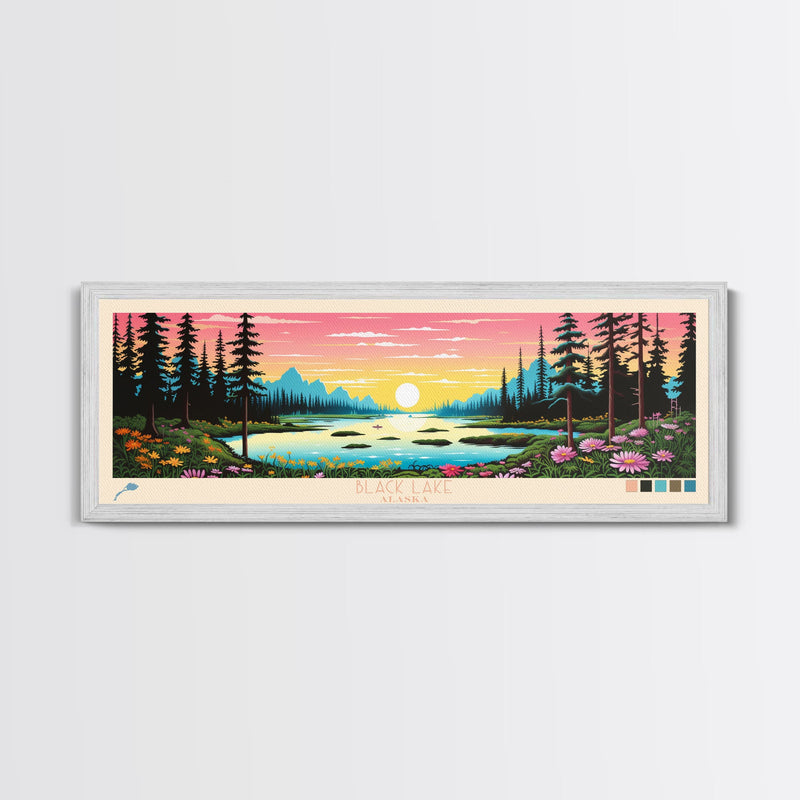 Black Lake Southwest Alaska Framed Canvas Print, Panoramic Travel Poster, Midcentury Modern Wall Art, Pop Art, Nature Bedroom Decor, Scenic Lake House Art