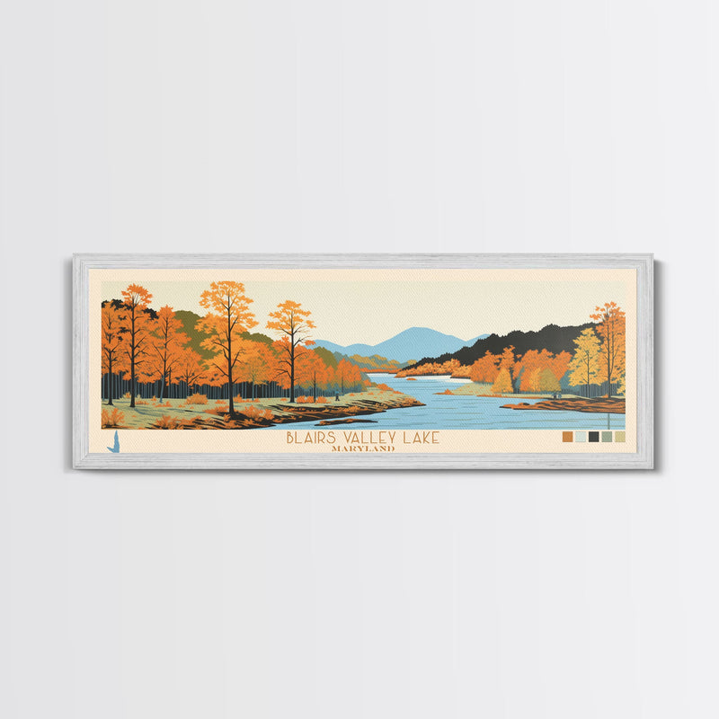 Blairs Valley Lake Maryland Framed Canvas Print, Panoramic Travel Poster, Midcentury Modern Wall Art, Pop Art, Nature Bedroom Art, Scenic Lake House Decor