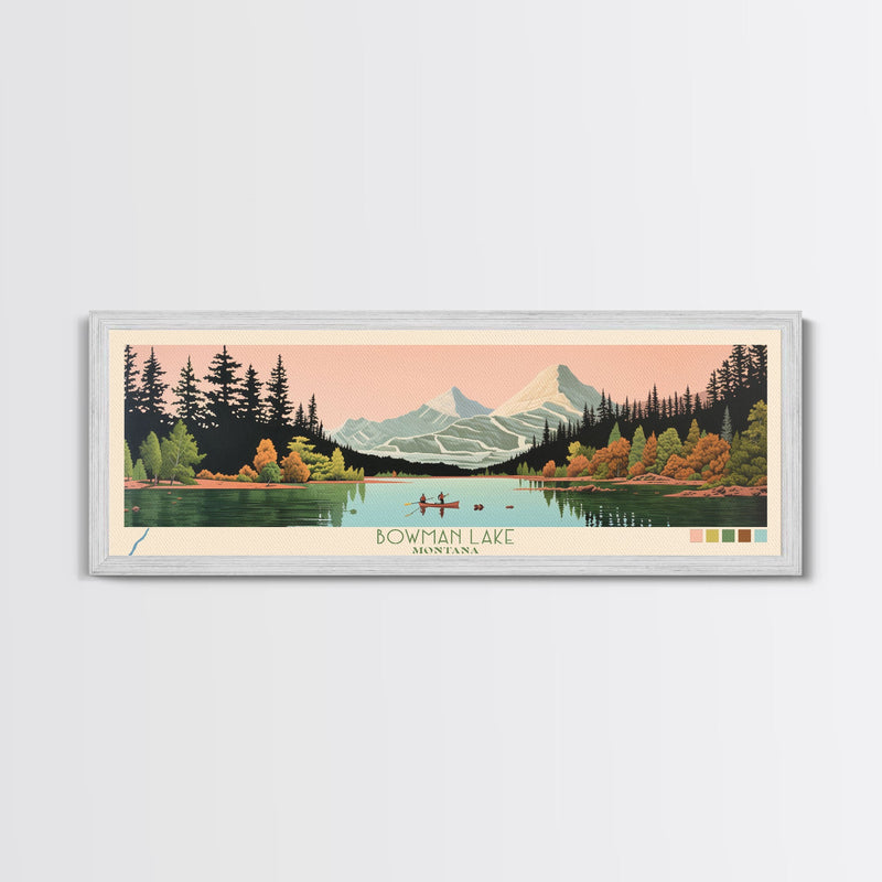 Bowman Lake Montana Framed Canvas Print, Panoramic Wall Art, Midcentury Modern, Pop Art, Travel Poster, Scenic Living Room Art, Lake House Decor