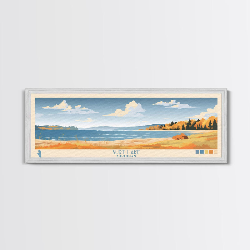 Burt Lake Michigan Framed Canvas Print, Pop Art Panoramic Travel Poster, Midcentury Modern, Wall Art, Scenic Nature Painting, Bedroom Decor