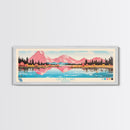 Calling Lake Alberta Framed Canvas Print, Midcentury Modern Panoramic Wall Art, Living Room Decor, Pop Art, Travel Poster Art, Scenic Nature Painting