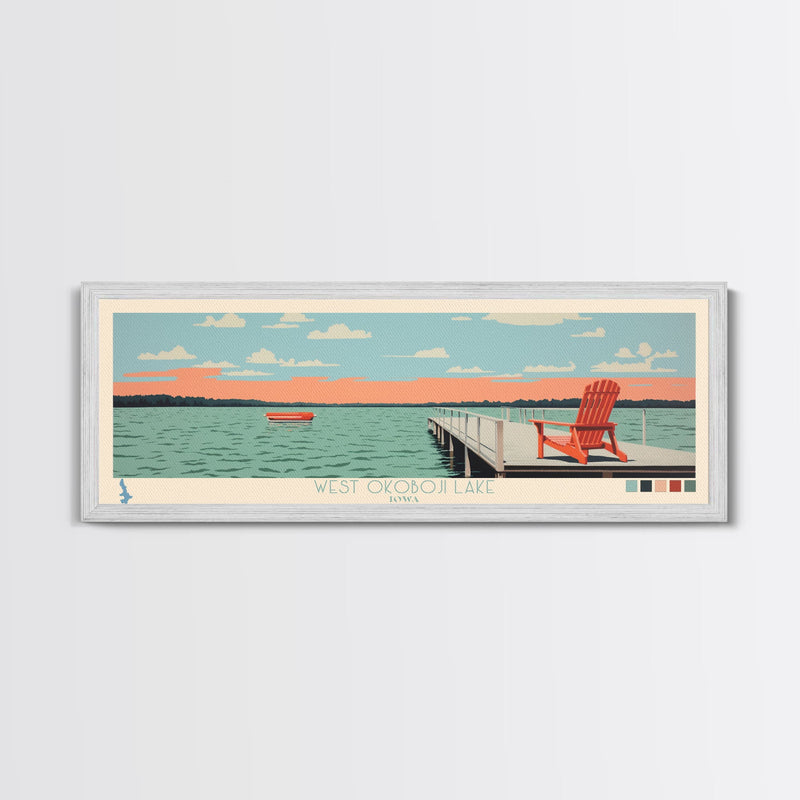 West Okoboji Lake, Iowa Panoramic Framed Canvas Print, Lake House Art, Midcentury Modern Decor, Pop Art, Travel Poster, Bedroom Wall Art