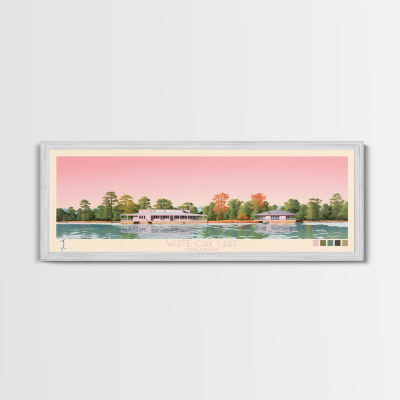 White Oak Lake, Arkansas Framed Canvas Print, Panoramic Lake House Decor, Midcentury Modern Art, Pop Art, Travel Poster, Living Room Wall Art